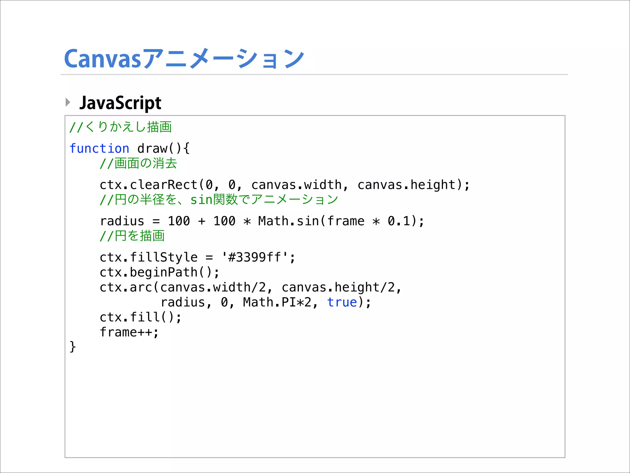Canvasアニメーション
‣ JavaScript
//くりかえし描画
function draw(){
//画面の消去
ctx.clearRect(0, 0, canvas.width, canvas.height);
//円の半径を、sin関数でアニメーション
radius = 100 + 100 * Math.sin(frame * 0.1);
//円を描画
ctx.fillStyle = '#3399ff';
ctx.beginPath();
ctx.arc(canvas.width/2, canvas.height/2,
radius, 0, Math.PI*2, true);
ctx.fill();
frame++;
}

 