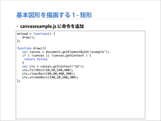 基本図形を描画する 1 - 矩形
‣ canvasexample.js に命令を追加
onload = function() {
draw();
};

!

function draw(){
var canvas = document.getElementById('example');
if ( !canvas || !canvas.getContext ) {
return false;
}
var ctx = canvas.getContext('2d');
ctx.fillRect(50,50,540,400);
ctx.clearRect(80,80,400,300);
ctx.strokeRect(240,20,200,300);
};

 
