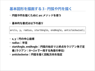 基本図形を描画する 3 - 円弧や円を描く
‣ 円弧や円を描くために arc メソッドを使う

!
‣ 基本的な書式は以下の通り

!
arc(x,
!
!

y, radius, startAngle, endAngle, anticlockwise);

‣ x, y：円の中心座標
‣ radius：半径
‣ startAngle, endAngle：円弧の始まりと終点をラジアン角で定
義 (ラジアン：0∼2πで一周する角度の単位)
‣ anticlockwise：円弧を描く回転方向を指定

 