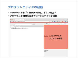プログラムエディタの起動
‣ ヘッダーにある「+ Start Coding」ボタンをおす
‣ プログラムを開発のためのコードエディタが起動

プログラムの
プレビュー画面

 