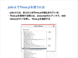 jsdo.it でThree.jsを使うには
‣ jsdo.it には、あらかじめThree.jsが組込まれている!
‣ Three.jsを使用する際には、Javascriptのエディタで、Add
Libraryボタンを押し、Three.jsを選択する

 