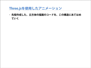 Three.jsを使用したアニメーション
‣ 先程作成した、立方体の描画のコードを、この構造にあてはめ
ていく

 