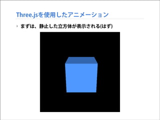 Three.jsを使用したアニメーション
‣ まずは、静止した立方体が表示される(はず)

 