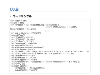 D3.js
‣ コードサンプル
var width = 960,
height = 500;
var vertices = d3.range(100).map(function(d) {
return [Math.random() *
Math.random() * height];
});
var svg = d3.select("#chart")
.append("svg")
.attr("width", width)
.attr("height", height)
.attr("class", "PiYG")
.on("mousemove", update);
svg.selectAll("path")
.data(d3.geom.voronoi(vertices))
.enter().append("path")
.attr("class", function(d, i) { return i ? "q" + (i % 9)
.attr("d", function(d) { return "M" + d.join("L") + "Z";
svg.selectAll("circle")
.data(vertices.slice(1))
.enter().append("circle")
.attr("transform", function(d) { return "translate(" + d
.attr("r", 2);
function update() {
vertices[0] = d3.mouse(this);
svg.selectAll("path")

width,

+ "-9" : null; })
});

+ ")"; })

 