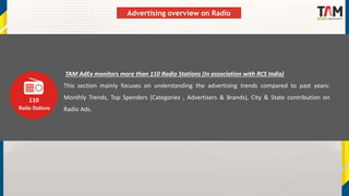 Advertising overview on Radio
TAM AdEx monitors more than 110 Radio Stations (In association with RCS India)
This section ...