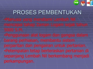 PROSES PEMBENTUKAN
•Manusia yang mendiami Lembah Nil
mencapai tahap Zaman Logam sejak tahun
5000 S.M.
•Penggunaan alat logam dan gangsa dalam
barang perhiasan, membantu sistem
perparitan dan pengairan untuk pertanian.
•Petempatan tetap berteraskan pertanian di
sepanjang Lembah Nil berkembang menjadi
perkampungan.
 