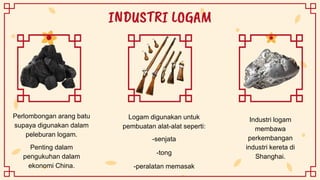 Perlombongan arang batu
supaya digunakan dalam
peleburan logam.
Penting dalam
pengukuhan dalam
ekonomi China.
Logam digunakan untuk
pembuatan alat-alat seperti:
-senjata
-tong
-peralatan memasak
Industri logam
membawa
perkembangan
industri kereta di
Shanghai.
INDUSTRI LOGAM
 