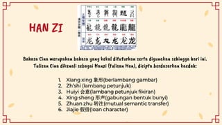 HAN ZI
Bahasa Cina merupakan bahasa yang kekal dituturkan serta digunakan sehingga hari ini.
Tulisan Cina dikenali sebagai Hanzi (tulisan Han), dicipta berdasarkan kaedah:
1. Xiang xing 象形(berlambang gambar)
2. Zh’shi (lambang petunjuk)
3. Huiyi 会意(lambang petunjuk fikiran)
4. Xing sheng 形声(gabungan bentuk bunyi)
5. Zhuan zhu 转注(mutual semantic transfer)
6. Jiajie 假借(loan character)
 