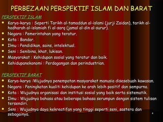PERBEZAAN PERSPEKTIF ISLAM DAN BARATPERBEZAAN PERSPEKTIF ISLAM DAN BARAT
PERSPEKTIF ISLAMPERSPEKTIF ISLAM
 Karya-karya : Seperti Tarikh al-tamaddun al-islami (jurji Zaidan), tarikh al-Karya-karya : Seperti Tarikh al-tamaddun al-islami (jurji Zaidan), tarikh al-
hadharah al-islamiah fi al-sarq (jamal al-din al-surur).hadharah al-islamiah fi al-sarq (jamal al-din al-surur).
 Negara : Pemerintahan yang teratur.Negara : Pemerintahan yang teratur.
 Kota : Bandar.Kota : Bandar.
 Ilmu : Pendidikan, sains, intelektual.Ilmu : Pendidikan, sains, intelektual.
 Seni : Senibina, khat, lukisan.Seni : Senibina, khat, lukisan.
 Masyarakat : Kehidupan sosial yang teratur dan baik.Masyarakat : Kehidupan sosial yang teratur dan baik.
 Kehidupanekonomi : Perdagangan dan perindustrian.Kehidupanekonomi : Perdagangan dan perindustrian.
  
PERSPEKTIF BARATPERSPEKTIF BARAT
 Karya-karya :Wujudnya penempatan masyarakat manusia disesebuah kawasan.Karya-karya :Wujudnya penempatan masyarakat manusia disesebuah kawasan.
 Negara : Peningkatan kualiti kehidupan ke arah lebih positif dan sempurna.Negara : Peningkatan kualiti kehidupan ke arah lebih positif dan sempurna.
 Kota : Wujudnya organisasi dan institusi sosial yang baik serta sistematik.Kota : Wujudnya organisasi dan institusi sosial yang baik serta sistematik.
 Ilmu : Wujudnya bahasa atau beberapa bahasa serumpun dengan sistem tulisanIlmu : Wujudnya bahasa atau beberapa bahasa serumpun dengan sistem tulisan
tersendiri.tersendiri.
 Seni : Wujudnya daya kekreatifan yang tinggi seperti seni, sastera danSeni : Wujudnya daya kekreatifan yang tinggi seperti seni, sastera dan
sebagainya.sebagainya. 44
 