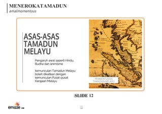 MENEROKATAMADUN
amalmomentous
SLIDE 12
12
ASAS-ASAS
TAMADUN
MELAYU
PEMBENTUKAN
TAMADUNMELAYU
Pengaruh awal seperti Hindu,
Budha dan animisme
kemunculan Tamadun Melayu
boleh dikaitkan dengan
kemunculan Pusat-pusat
Kerajaan Melayu
 