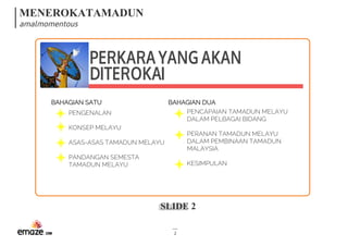 MENEROKATAMADUN
amalmomentous
SLIDE 2
2
PERKARAYANGAKAN
DITEROKAI
PENGENALAN
KONSEP MELAYU
ASAS-ASAS TAMADUN MELAYU
PANDANGAN SEMESTA
TAMADUN MELAYU
BAHAGIAN SATU BAHAGIAN DUA
PENCAPAIAN TAMADUN MELAYU
DALAM PELBAGAI BIDANG
PERANAN TAMADUN MELAYU
DALAM PEMBINAAN TAMADUN
MALAYSIA
KESIMPULAN
 
