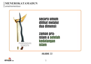 MENEROKATAMADUN
amalmomentous
SLIDE 22
22
secara umum
dilihat melalui
dua dimensi:
zaman pra-
Islam & setelah
kedatangan
Islam
PANDANGAN
SEMESTA 
 