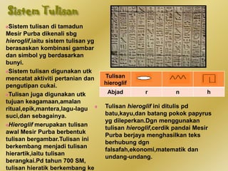 Sistem Tulisan
Sistem tulisan di tamadun
Mesir Purba dikenali sbg
hieroglif,iaitu sistem tulisan yg
berasaskan kombinasi gambar
dan simbol yg berdasarkan
bunyi.
Sistem tulisan digunakan utk
mencatat aktiviti pertanian dan
pengutipan cukai.
Tulisan juga digunakan utk
tujuan keagamaan,amalan
ritual,epik,mantera,lagu-lagu
suci,dan sebagainya.
Hieroglif merupakan tulisan
awal Mesir Purba berbentuk
tulisan bergambar.Tulisan ini
berkembang menjadi tulisan
hierartik,iaitu tulisan
berangkai.Pd tahun 700 SM,
tulisan hieratik berkembang ke
Tulisan hieroglif ini ditulis pd
batu,kayu,dan batang pokok papyrus
yg dileperkan.Dgn menggunakan
tulisan hieroglif,cerdik pandai Mesir
Purba berjaya menghasilkan teks
berhubung dgn
falsafah,ekonomi,matematik dan
undang-undang.
Tulisan
hieroglif
Abjad r n h
 