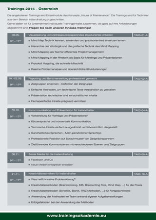 Trainings 2014 – Österreich
Die angebotenen Trainings sind Einzelmodule des Konzepts „House of Maintenance“. Die Trainings sind für Techniker
aus dem Bereich Instandhaltung zugeschnitten.
Gerne stellen wir für Unternehmen individuelle Trainingsinhalte zusammen, die ganz auf Ihre Anforderungen
abgestimmt sind. Fragen Sie nach unseren Inhouse-Trainings!
08.05.
900 – 1700

Visualisierung und zeitressourcensparendes strukturiertes Arbeiten

TA03-01-A

Mind Map Technik kennen, anwenden und praxisorientiert einsetzen lernen
Hierarchie der Wortlogik und die grafische Technik des Mind Mapping
Mind Mapping als Tool für effizientes Projektmanagement
Mind Mapping in der Rhetorik als Basis für Meetings und Präsentationen
Protokoll Mapping, die schnelle Mitschrift
Rasche Problemanalyse und übersichtliche Strukturierungen

04.-05.06.
900 – 1700

Reporting und Berichterstellung professionell gemacht

TA03-02-A

Zielgruppen erkennen – Definition der Zielgruppe
Einfache Methoden, um technische Texte verständlich zu gestalten
Präsentation technischer und wirtschaftlicher Inhalte
Fachspezifische Inhalte prägnant vermitteln

02.10.
900 – 1700

Kommmunikation und Präsentation für Instandhalter

TA03-04-A

Vorbereitung für Vorträge und Präsentationen
Körpersprache und nonverbale Kommunikation
Technische Inhalte einfach ausgedrückt und übersichtlich dargestellt
Ganzheitliches Sprechen - Mein persönlicher Sprechtyp
Professionelle Reaktion auf Sprachmuster von Gesprächspartnern
Zielführendes Kommunizieren mit verschiedenen Ebenen und Zielgruppen

06.11.
900 – 1700

Social Media für die Instandhaltung

TA03-05-A

Facebook und Co
Neue Medien erfolgreich einsetzen

21.11.
900 – 1700

Kreativitätstechniken für Instandhalter

TA03-10-A

Was heißt kreative Problemlösung?
Kreativitätsmethoden (Brainstorming, 635, Brainwriting Pool, Mind Map, …) für die Praxis
Kreativitätsmethoden (Synektik, Bionik, TRIZ Methoden, …) für Fortgeschrittene
Anwendung der Methoden im Team anhand eigener Aufgabenstellungen
Erfolgsfaktoren bei der Anwendung der Methoden

www.trainingsakademie.eu

 