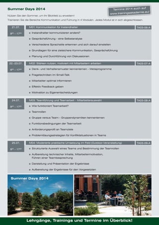 Summer Days 2014
Nützen Sie den Sommer, um Ihr Blickfeld zu erweitern!

auf
Termine 2014 auch
mie.eu!
www.trainingsakade

Trainieren Sie die Bereiche Kommunikation und Führung in 4 Modulen. Jedes Modul ist in sich abgeschlossen.
21.07.
900 – 1700

M01: Kommunikation für Instandhalter

TA03-06-A

Instandhalter kommunizieren anders?
Gesprächsführung - eine Selbstanalyse
Verschiedene Sprachstile erkennen und sich darauf einstellen
Grundlagen für eine zielsichere Kommunikation, Gesprächsführung
Planung und Durchführung von Diskussionen

22.-23.07.
900 – 1700

M02: Stärken nutzen, motiviert mit Mitarbeitern arbeiten

TA03-07-A

Denk– und Verhaltensmuster kennenlernen – Metaprogramme
Fragetechniken im Small-Talk
Mitarbeiter optimal informieren
Effektiv Feedback geben
Motivation zu Eigenentscheidungen

24.07.
900 – 1700

M03: Teamführung und Teamarbeit – Mitarbeiterauswahl

TA03-08-A

Wie funktioniert Teamarbeit?
Teamrollen
Gruppe versus Team - Gruppendynamiken kennenlernen
Funktionsbedingungen der Teamarbeit
Anforderungsprofil an Teamziele
Problemlösungsstrategien für Konfliktsituationen in Teams

25.07.

M04: Moderierte praktische Umsetzung im Feld (Outdoor-Veranstaltung)

900 – 1700

Strukturierte Auswahl eines Teams und Bestimmung der Teamrollen
Aufbereitung technischer Inhalte, Mitarbeitermotivation,
Führen einer Teambesprechung
Darstellung und Präsentation der Ergebnisse
Aufbereitung der Ergebnisse für den Vorgesetzten

Summer Days 2014

Lehrgänge, Trainings und Termine im Überblick!

TA03-09-A

 