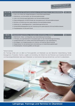 auf
Termine 2014 auch
mie.eu!
www.trainingsakade

10.-11.09.

Anwendung der Schwachstellenanalyse mit Microsoft Excel in der Instandhaltung

TA01-13-D

Arten und Inhalte der anlagenbezogenen Instandhaltungsstrategien

900 – 1700

Definitionen und Kennzahlen der Schwachstellenanalyse
Arten und Anwendungsmöglichkeiten der Schwachstellenanalyse
Datenverfügbarkeit und EDV-Einsatz als Voraussetzung für Schwachstellenanalysen
Schritte zur Einführung einer systematischen Schwachstellenanalyse
Ableitung von „bedarfsgerechten“ Instandhaltungsmaßnahmen
Wirtschaftlichkeitsaspekte bei der Anwendung der systematischen Schwachstellenanalysen
Praxisbeispiele mit Microsoft Excel

09.10.

Instandhaltungscontrolling – Kennzahlen, Benchmarking, „Marketing“

TA01-11-D

Definitionen, Mess- und Zielgrößen des Instandhaltungs-Controllings

900 – 1700

IT-Einsatz und organisatorische Voraussetzungen für das Instandhaltungs-Controlling
Vorgehensschritte zum Aufbau eines Kennzahlensystems in der Instandhaltung
Grundlagen und Vorgehensweise zum internen und externen Benchmarking
Möglichkeiten für die betriebsinterne Vermarktung von Instandhaltungsleistungen
Praxisbeispiele, Anwendungsfälle und Übungen

Teilnehmerkreis:
Die Trainings richten sich vor allem an Führungskräfte und Mitarbeiter aus den Bereichen Instandhaltung, Facility
Management, Produktion, Technik, Logistik und Controlling. Die Teilnehmer sind Personen aus Industrieunternehmen
und Gewerbegroßbetrieben aber auch Mitarbeiter von technischen Serviceunternehmen und Kommunalbetrieben.

Lehrgänge, Trainings und Termine im Überblick!

 