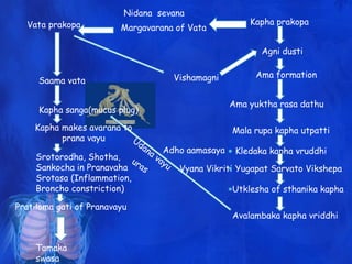 Nidana sevana
Kapha prakopaVata prakopa
Ama formation
Agni dusti
Saama vata
Ama yuktha rasa dathu
Kledaka kapha vruddhiAdho aamasaya
Yugapat Sarvato Vikshepa
Mala rupa kapha utpatti
Vyana Vikriti
Avalambaka kapha vriddhi
Kapha sanga(mucus plug)
Kapha makes avarana to
prana vayu
Srotorodha, Shotha,
Sankocha in Pranavaha
Srotasa (Inflammation,
Broncho constriction)
Pratiloma gati of Pranavayu
Utklesha of sthanika kapha
Margavarana of Vata
Vishamagni
Tamaka
swasa
 