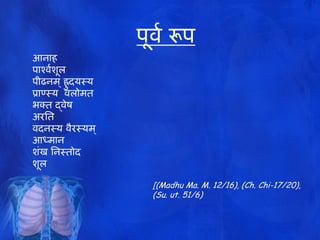 आनाह
ऩाश्वमशूर
ऩीढनभ् ह्रुदमस्म
प्राण्स्म ववरोभत
ब्त द्वेष
अयतत
वदनस्म वैयस्मभ ्
आध्भान
शांख तनस्तोद
शूर
ऩूवम रूऩ
[(Madhu Ma. M. 12/16), (Ch. Chi-17/20),
(Su. ut. 51/6)
 