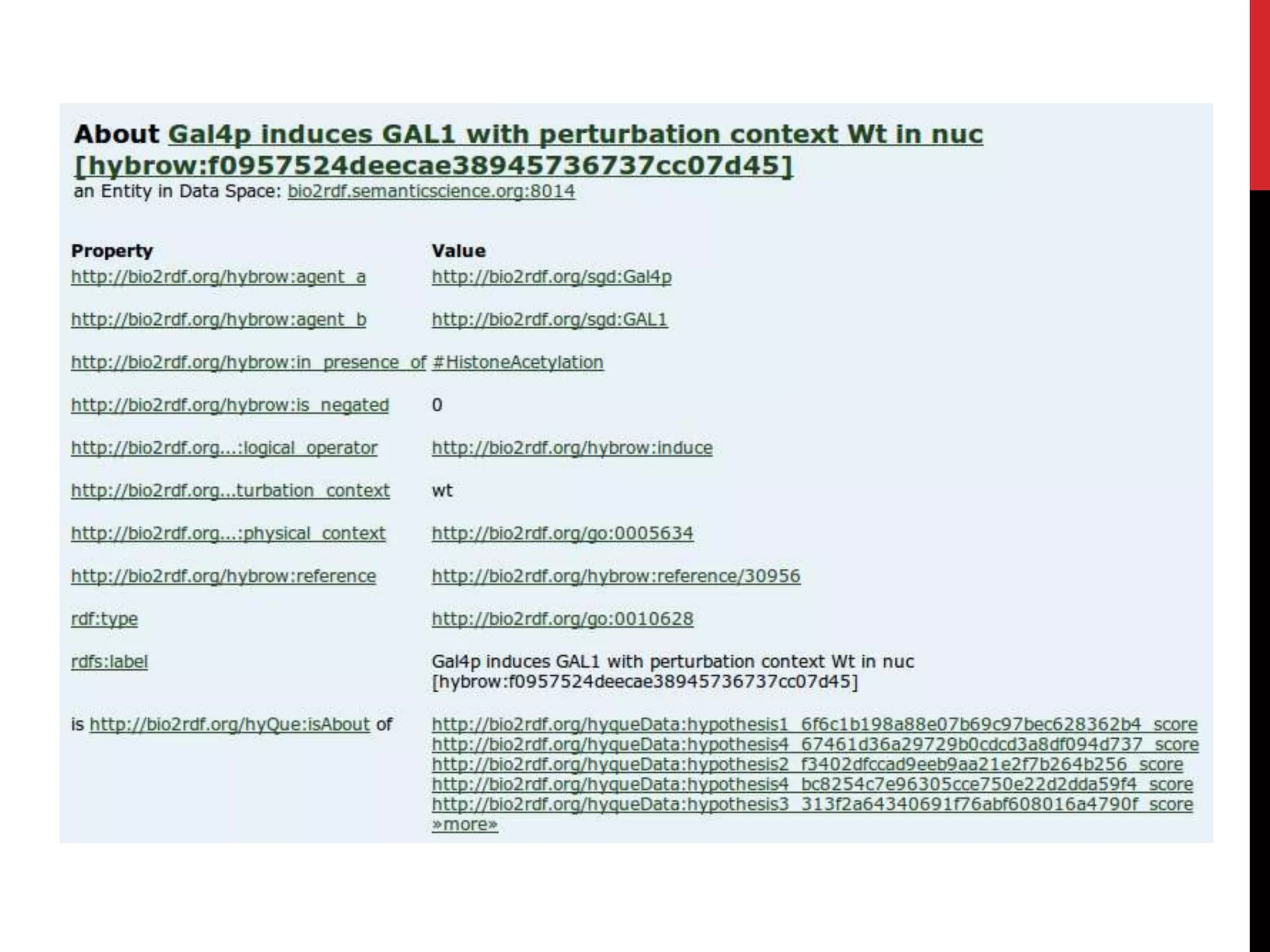 HyQue hypotheses are composed of propositions connected using logical operators (AND, OR…)HyQuehypothesis   ‘proposition’ that ‘has part’ some ‘hypothesis part’Hypothesis part  ‘proposition’ that ‘has component’ some ‘event’