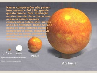 Mas as comparações não param. Nem mesmo o Sol é tão grande quanto parece. Esta  ilustração mostra que até ele se torna uma pequena estrela quando comparado à outros sóis, muitos anos-luz distantes. Nosso Sol não passa de uma lanterna quando comparado à Sirius, distante 25 anos-luz do nosso planeta e a estrela mais brilhente no céu noturno. 