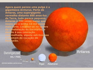 Agora quem parece uma pulga é a gigantesca Arcturus. Perto de Antares, uma supergigante vermelha distante 600 anos-luz da Terra, tudo parece pequeno. Antares é 700 vezes maior que nosso sol e brilha 10 mil vezes mais forte. Localiza-se no centro da constelação do Escorpião, e devido à sua coloração avermelhada, alguns astrônomos a chamam de  Coração do Escorpião. 