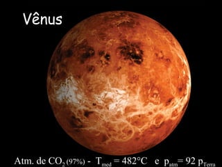 
Atm. de CO2 (97%) - Tmed = 482°C e patm= 92 pTerra
Vênus
 