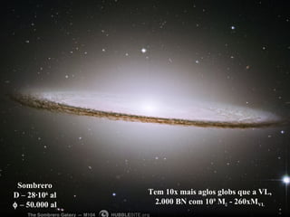 Sombrero
D – 28·106
al
φ – 50.000 al
Tem 10x mais aglos globs que a VL,
2.000 BN com 109
M - 260xMVL
 