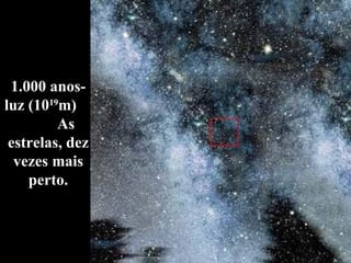 1.000 anos-luz (10 19 m)  As estrelas, dez vezes mais perto. 