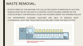 WASTE REMOVAL:
• AT BOTH SIDES OF THE MACHINE THE COLLECTED WASTE IS REMOVED BY SUCTION
NOZZLES AND FED BY VACUUM TO A CENTRAL FILTER HOUSING. WIPERS ON THE
CONVEYOR BELT CONTINUOUSLY CLEAN THE HOUSING UNDER THE OPENING ROLLER.
• THE APPROPRIATE CLEANING FACILITIES ARE ABLE TO REMOVE MOST
EXTRANEOUS, DUST AND TRASH PARTICLES RELIABLY FROM THE RAW COTTON.
 