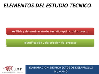 ELEMENTOS DEL ESTUDIO TECNICO



  Análisis y determinación del tamaño óptimo del proyecto


          Identificación y descripción del proceso




              ELABORACION DE PROYECTOS DE DESARROLLO
                             HUMANO
 
