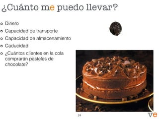 ¿Cuánto me puedo llevar?
Dinero
Capacidad de transporte
Capacidad de almacenamiento
Caducidad
¿Cuántos clientes en la cola
comprarán pasteles de
chocolate?
24
 