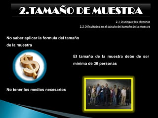 2.TAMAÑO DE MUESTRA2.1 Distinguir los términos:      2.1.3 Tamaño de la muestraEl tamaño de la muestra depende de tres aspectos: 1) Error permitido 2) Nivel de confianza estimado 3) Carácter finito o infinito de la población. Las fórmulas generales para determinar el tamaño de la muestra son las siguientes: Para poblaciones infinitas (más de 100,000 habitantes) Para poblaciones finitas (menos de 100,000 habitantes) 
