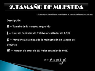 2.1 Distinguir los términos:      2.1.3 Tamaño de la muestraNomenclatura: n = Número de elementos de la muestra N= Número de elementos de la población o universo P/Q = Probabilidades con las que se presenta el fenómeno. Z2 = Valor crítico correspondiente al nivel de confianza elegido; siempre se opera con valor zeta 2, luego Z = 2. E = Margen de error permitido (determinado por el responsable del estudio).