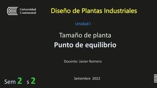 Diseño de Plantas Industriales
Tamaño de planta
Punto de equilibrio
Sem 2 s 2 1
Unidad I
Docente: Javier Romero
Setiembre 2022
 