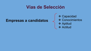 Vías de Selección
Empresas a candidatos
❖ Capacidad
❖ Conocimientos
❖ Aptitud
❖ Actitud
 