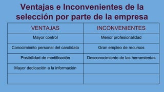 Ventajas e Inconvenientes de la
selección por parte de la empresa
VENTAJAS INCONVENIENTES
Mayor control Menor profesionalidad
Conocimiento personal del candidato Gran empleo de recursos
Posibilidad de modificación Desconocimiento de las herramientas
Mayor dedicación a la información
 