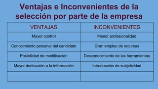 Ventajas e Inconvenientes de la
selección por parte de la empresa
VENTAJAS INCONVENIENTES
Mayor control Menor profesionalidad
Conocimiento personal del candidato Gran empleo de recursos
Posibilidad de modificación Desconocimiento de las herramientas
Mayor dedicación a la información Introducción de subjetividad
 