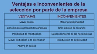 Ventajas e Inconvenientes de la
selección por parte de la empresa
VENTAJAS INCONVENIENTES
Mayor control Menor profesionalidad
Conocimiento personal del candidato Gran empleo de recursos
Posibilidad de modificación Desconocimiento de las herramientas
Mayor dedicación a la información Introducción de subjetividad
Ahorro en costes
 
