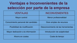 Ventajas e Inconvenientes de la
selección por parte de la empresa
VENTAJAS INCONVENIENTES
Mayor control Menor profesionalidad
Conocimiento personal del candidato Gran empleo de recursos
Posibilidad de modificación Desconocimiento de las herramientas
Mayor dedicación a la información Introducción de subjetividad
Ahorro en costes Coste de tiempo
 
