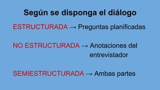 Según se disponga el diálogo
ESTRUCTURADA → Preguntas planificadas
NO ESTRUCTURADA → Anotaciones del
entrevistador
SEMIESTRUCTURADA → Ambas partes
 