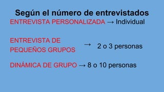 Según el número de entrevistados
ENTREVISTA PERSONALIZADA → Individual
ENTREVISTA DE
PEQUEÑOS GRUPOS
DINÁMICA DE GRUPO → 8 o 10 personas
→ 2 o 3 personas
 