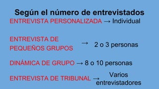 Según el número de entrevistados
ENTREVISTA PERSONALIZADA → Individual
ENTREVISTA DE
PEQUEÑOS GRUPOS
DINÁMICA DE GRUPO → 8 o 10 personas
ENTREVISTA DE TRIBUNAL →
→ 2 o 3 personas
Varios
entrevistadores
 