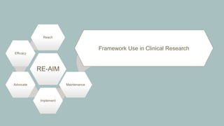 RE-AIM
Reach
Efficacy
Advocate
Implement
Maintenance
Framework Use in Clinical Research
 