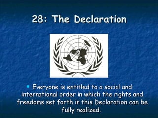 28: The Declaration Everyone is entitled to a social and international order in which the rights and freedoms set forth in this Declaration can be fully realized.   