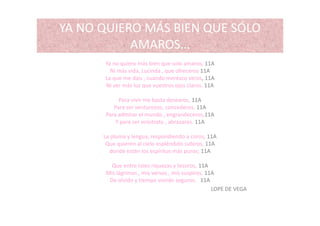 YA NO QUIERO MÁS BIEN QUE SÓLO 
AMAROS…
Y i á bi l 11AYa no quiero más bien que solo amaros, 11A
Ni más vida, Lucinda , que ofreceros 11A
La que me dais , cuando merezco veros, 11A
Ni ver más luz que vuestros ojos claros. 11Aq j
Para vivir me basta desearos, 11A
Para ser venturosos, concederos, 11A
P d i l d d 11APara admirar el mundo , engrandeceros,11A
Y para ser eróstrato , abrazaros. 11A
La pluma y lengua, respondiendo a coros, 11Ap y g , p ,
Que quieren al cielo espléndido subiros, 11A
donde están los espíritus más puros; 11A
Q t t l i t 11AQue entre tales riquezas y tesoros, 11A
Mis lágrimas , mis versos , mis suspiros, 11A
De olvido y tiempo vivirán seguros.   11A   
LOPE DE VEGALOPE DE VEGA
 