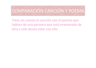 COMPARACIÓN CANCIÓN Y POEMACOMPARACIÓN CANCIÓN Y POEMA
Tiene en común la canción con el poema que 
hablan de una persona que está enamorada de p q
otra y solo desea estar con ella 
 