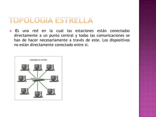 

Es una red en la cual las estaciones están conectadas
directamente a un punto central y todas las comunicaciones se
han de hacer necesariamente a través de este. Los dispositivos
no están directamente conectado entre si.

 