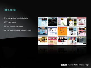3 rd  most visited site in Britain 2500 websites 22.5m UK unique users 17.7m International unique users bbc.co.uk 