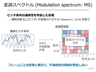 /23
 ピッチ系列の連続性を考慮した処理
– 連続対数 𝑭 𝟎 (ピッチ) の変調スペクトル [Takamichi+, 2016] を扱う
変調スペクトル (Modulation spectrum: MS)
10
フレームごとの処理と異なり...