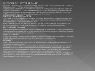 POTENCIAL DEL SECTOR PRIMARIO
• El Estado cuenta con una superficie de 1 millón 574 mil 193 has. Dedicadas a la actividad agrícola,
ésta representa el 19.72% del total de la superficie estatal.
• La pesca en el estado tiene un importante potencial al contar para su desarrollo con 420 km. de
litoral, lo cual representa 8,763 km2 de mar territorial; poco mas de 95 mil has. de superficie en 140
embalses de agua dulce, lo que representa el 3.3 % de las aguas interiores del país y 231 mil has.
en 8 lagunas costeras para el desarrollo de la pesca en la entidad.
SECTOR TRANSFORMACIÓN
• Las condiciones de producir fibras sintéticas, de cultivar algodón y la abundancia de agua de la
región, son algunos de los factores que motivaron a importantes empresas fabricantes de telas a
tomar la decisión de establecerse en Tamaulipas.
• Tamaulipas produce el 30% del total de químicos y petroquímicos del país, el 80% del total de
resinas termoplásticos y es líder en la producción de negro de humo y dióxido de titanio.
RECURSOS HUMANOS
• Tamaulipas reportó 1.3 millones de trabajadores en el tercer trimestre de 2009, principalmente en la
industria manufacturera y comercio, lo que representó 3% en cada sector con respecto al personal
ocupado en esos sectores a nivel nacional.
INVERSIÓN EXTRANJERA
• La industria manufacturera concentró 89% de la inversión extranjera directa recibida por el estado
en 2008, 6% se dirigió a la agricultura y el resto al comercio y otros servicios.
TURISMO
• Tamaulipas es un lugar que invita a conocer encantadores paisajes de gran importancia por su
historia y por su belleza natural.
• Tamaulipas ofrece entre sus atractivos playas, desiertos, bosques, selvas, sabanas, lagunas,
montañas y ríos, todos enmarcados por diversos factores naturales que engalanan y realzan los
paisajes, ya sean ciudades modernas, esteros, puertos, barras, caídas de agua de impresionante
fuerza, lagunas, ríos o poblaciones en los que prevalece un ambiente provinciano.
• En Tamaulipas y sus alrededores se puede practicar la pesca deportiva y el turismo ecológico, por
medio del cual se tiene la oportunidad de apreciar diversas especies en su hábitat: pumas, osos
negros, jaguares y aves, principalmente.
 